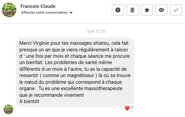Retour client soulignant les bienfaits des massages de Virginie Collard