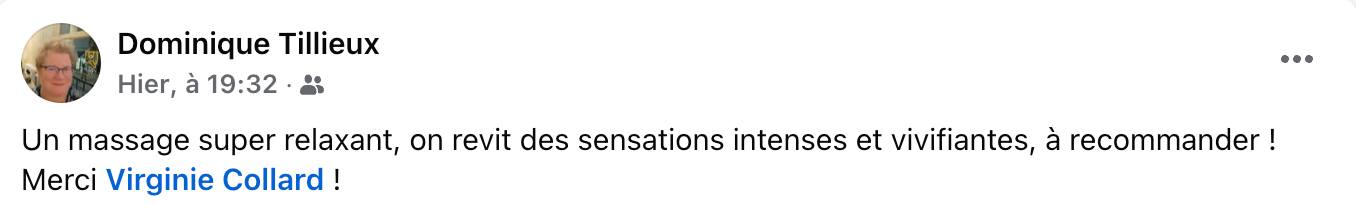 Avis client positif sur les massages bien-être de Virginie Collard à Liège